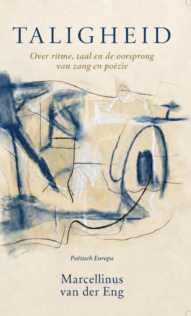 Blau-witte abstracte schets met krabbels, bovenaan boekcovertekst “Talighei d” en “Over ritme, taal en de oorsprong”.