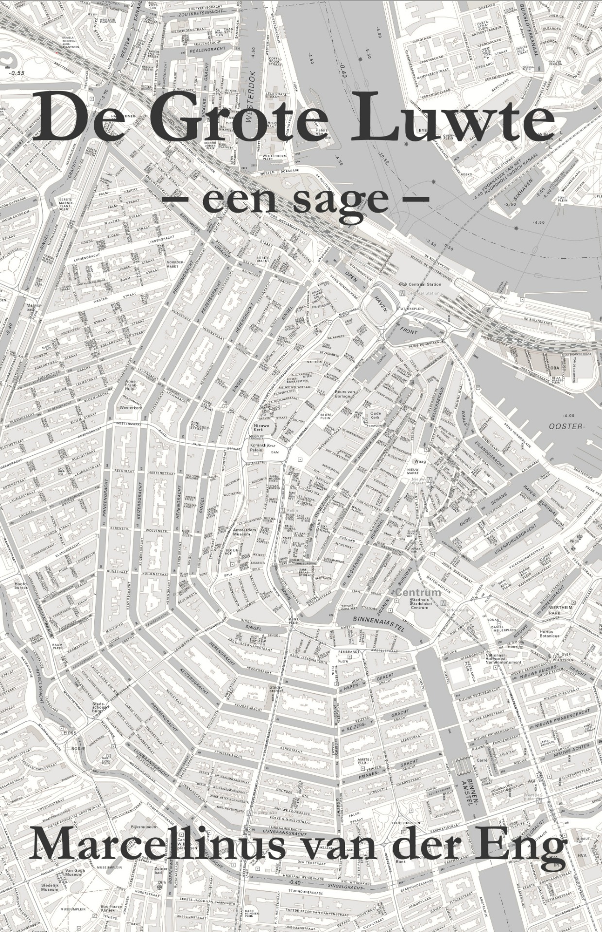 Kaart van Amsterdam met grote typografie: “de Gracht”, “een sage” en “Marcelinus van den Eng” over straten.